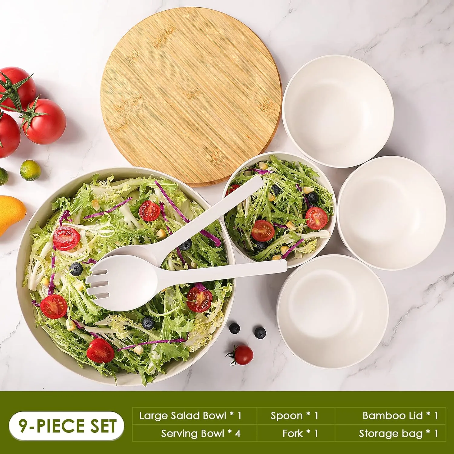 Bamboo Fiber Salad Bowl with Lid,Salad Maxing Bowl with Bamboo Lid and Utensils for Camping,Melamine Salad Bowls with 4 Serving Bowls,Spoon,Fork for Pasta and Fruits,(White,9.8inches)