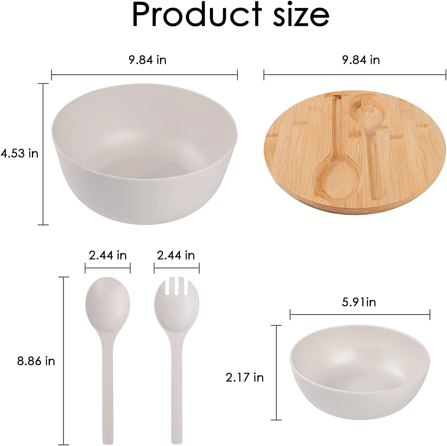 Bamboo Fiber Salad Bowl with Lid,Salad Maxing Bowl with Bamboo Lid and Utensils for Camping,Melamine Salad Bowls with 4 Serving Bowls,Spoon,Fork for Pasta and Fruits,(White,9.8inches)