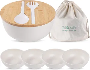 Bamboo Fiber Salad Bowl with Lid,Salad Maxing Bowl with Bamboo Lid and Utensils for Camping,Melamine Salad Bowls with 4 Serving Bowls,Spoon,Fork for Pasta and Fruits,(White,9.8inches)