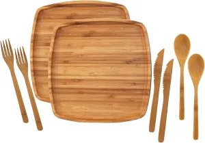 BambooMN Camping Mess Kit Lightweight Organic 10" x 10" Bamboo Plates, Forks, Knifes and Spoons for Camping, Hiking, or Backpacking - 4 Sets