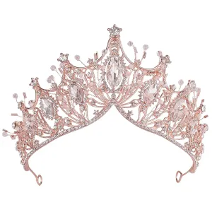 Baroque Queen Crown for Wedding Bride, Rose Gold Handmade Rhinestone Crystal Headband Tiaras and Crown for Women-Wedding Halloween Faire Costume Birthday Music Festival Hair Accessories-Yolmina