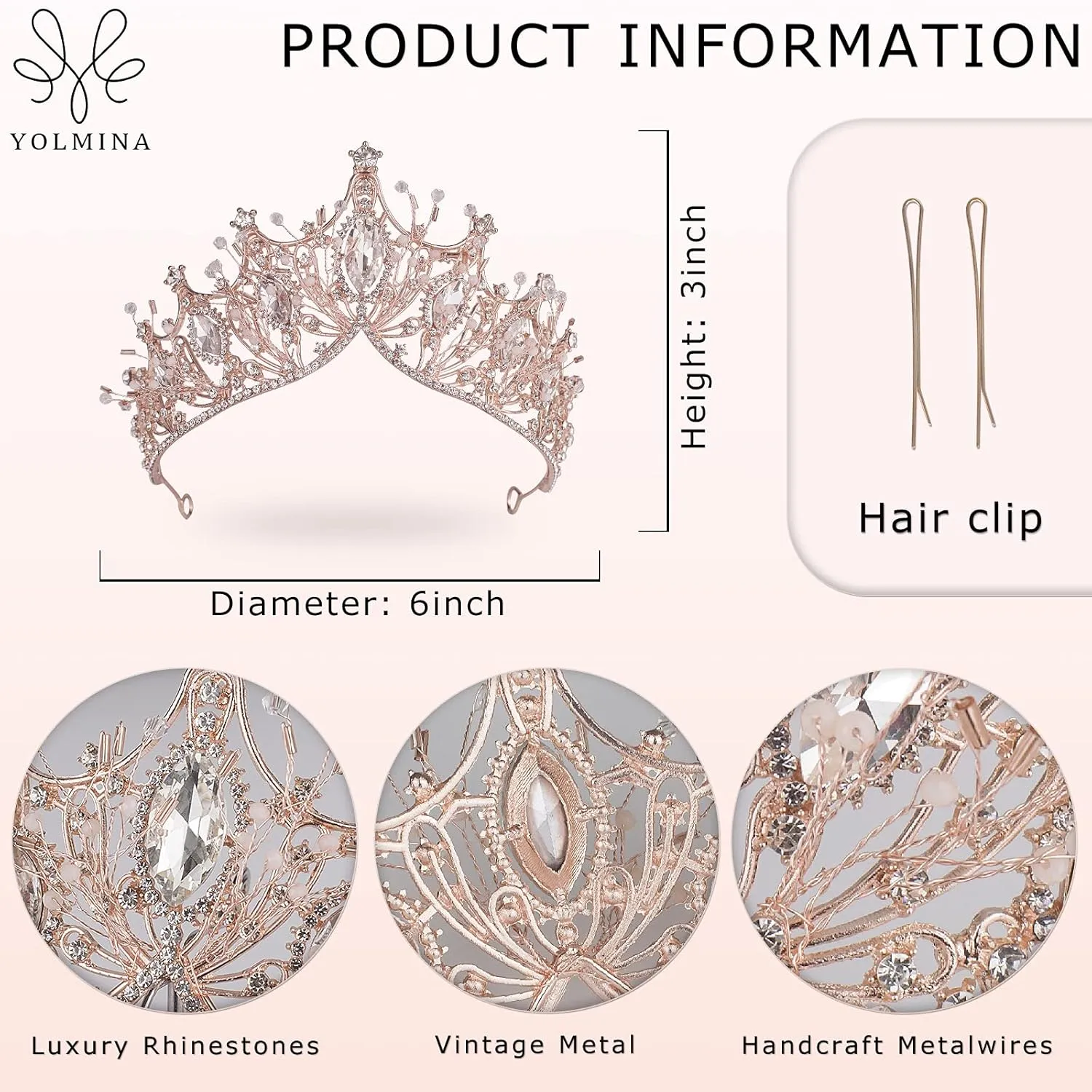 Baroque Queen Crown for Wedding Bride, Rose Gold Handmade Rhinestone Crystal Headband Tiaras and Crown for Women-Wedding Halloween Faire Costume Birthday Music Festival Hair Accessories-Yolmina