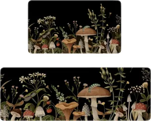 Black Mushroom Kitchen Rugs Set of 2,Witchy Decor Aesthetic Style Kitchen Mats for Floor,Vintage Boho Non-Slip Kitchen Sink Mat Home Kitchen Decor Doormat Runner Rug