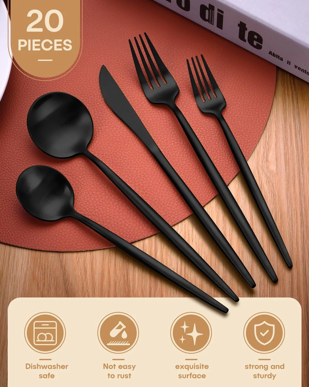 Black Silverware Set,Ollex 20 Pieces Flatware Set for 4,Stainless Tableware Cutlery Set with Knives Forks and Spoons Utensil set for Home Kitchen Restaurant Hotel,Satin Finish&Dishwasher Safe