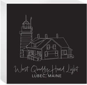 Black West Quoddy Head Light, Joyride Home Decor, Wood Block Sign, 5"x5" Freestanding, Shelf or Wall Displayed, Artist Designed Home Décor.