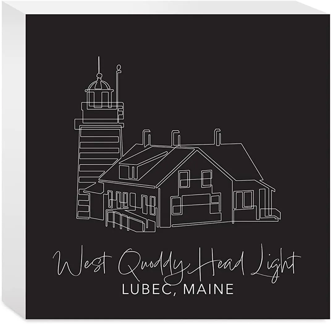 Black West Quoddy Head Light, Joyride Home Decor, Wood Block Sign, 5"x5" Freestanding, Shelf or Wall Displayed, Artist Designed Home Décor.