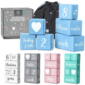 Blue Baby Monthly Milestone Blocks. Baby Age Blocks for Girl or Boy Baby Photo Props and Baby Shower. Month Baby Milestone Blocks with Grammatically Correct Month and Year