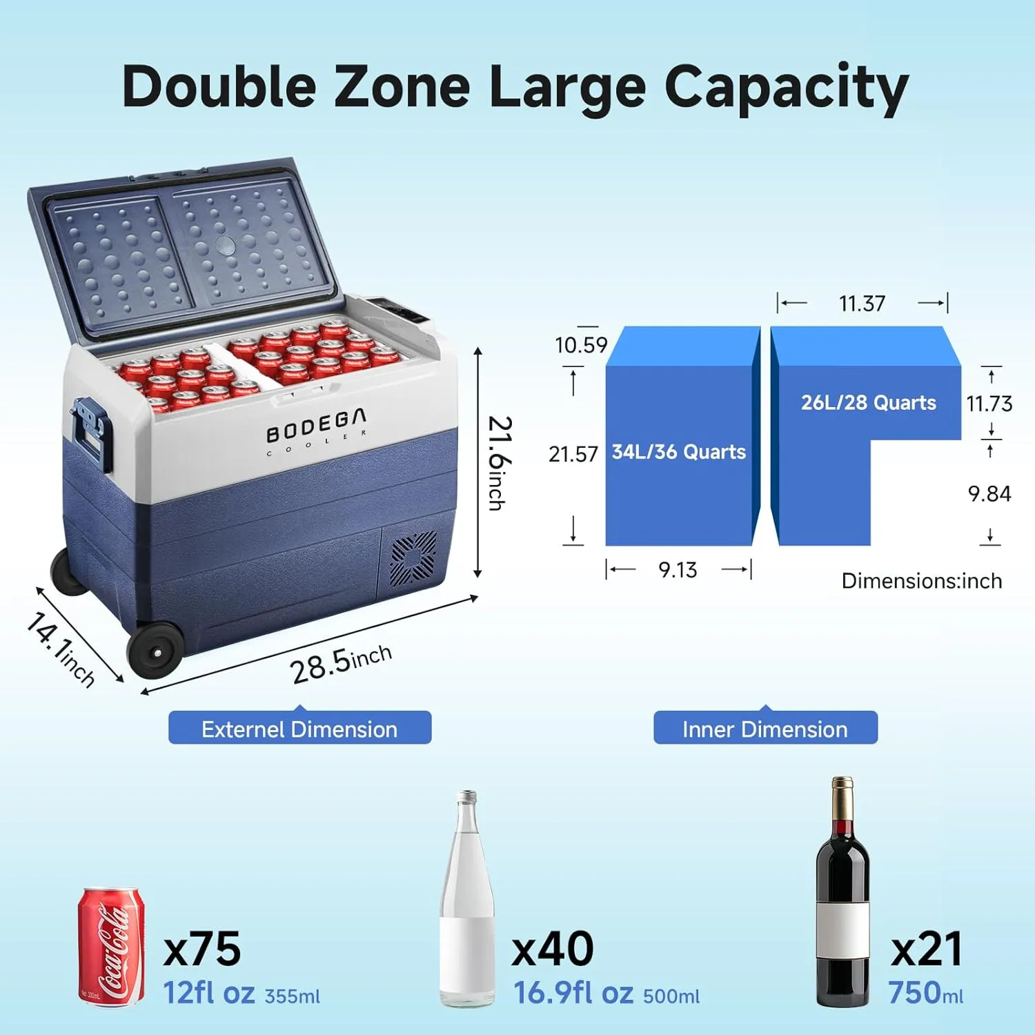 BODEGACOOLER 12 Volt Car Refrigerator,64 Quart Portable Fridge Cooler APP Control,-4℉-68℉ 60L Dual Zone Car Freezer Cooler, 12/24V DC and 100-240V AC for Camping,Travel,RV,Boat,Van,Road Trip