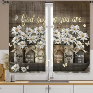 Brown Daisy Vintage Country Kitchen Curtains 27.5W X 39L Inch 2 Panels Rod Pocket Rustic Farmhouse Floral Inspirational Small Short Cafe Tier Curtains Cottage Style Window Drapes Treatment