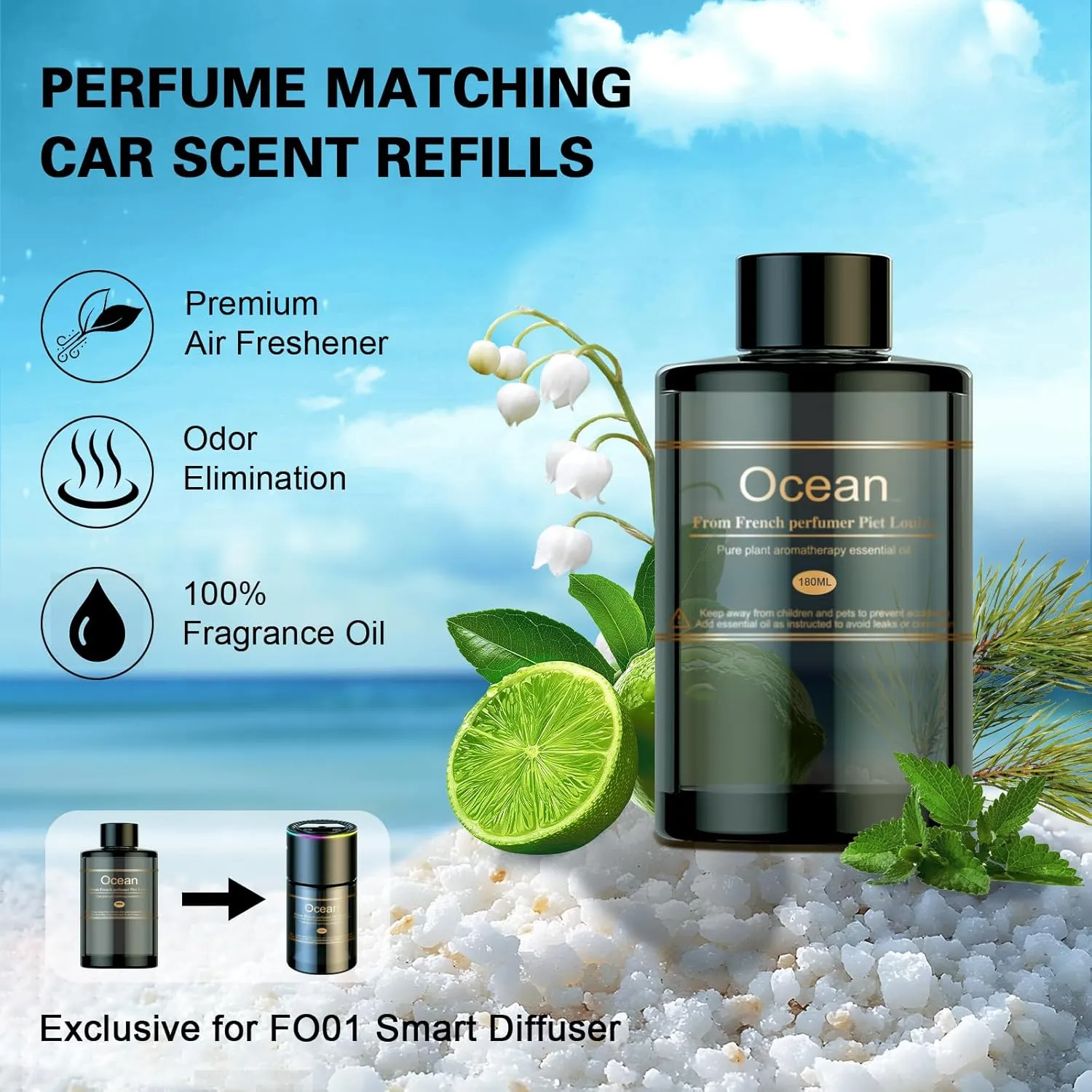 Car Air Freshener Refill for Men & Women 6.09 FL OZ /180ML-9 Month Ocean Scent Essential Oil Perfume, Essential Oil Made of Natural Plant Extracts, Compatible with Car Diffusers for Home/Office