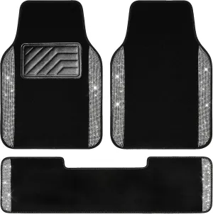 CAR PASS Bling Car Mats Shining Diamond Carpet Crystal Rhinestones Sparkly Glitter Floor Mats with Anti-Slip PVC Heel Pad Universal for Automotive SUV, Sedan, Van, 3pcs for Girl Women, Black Silver