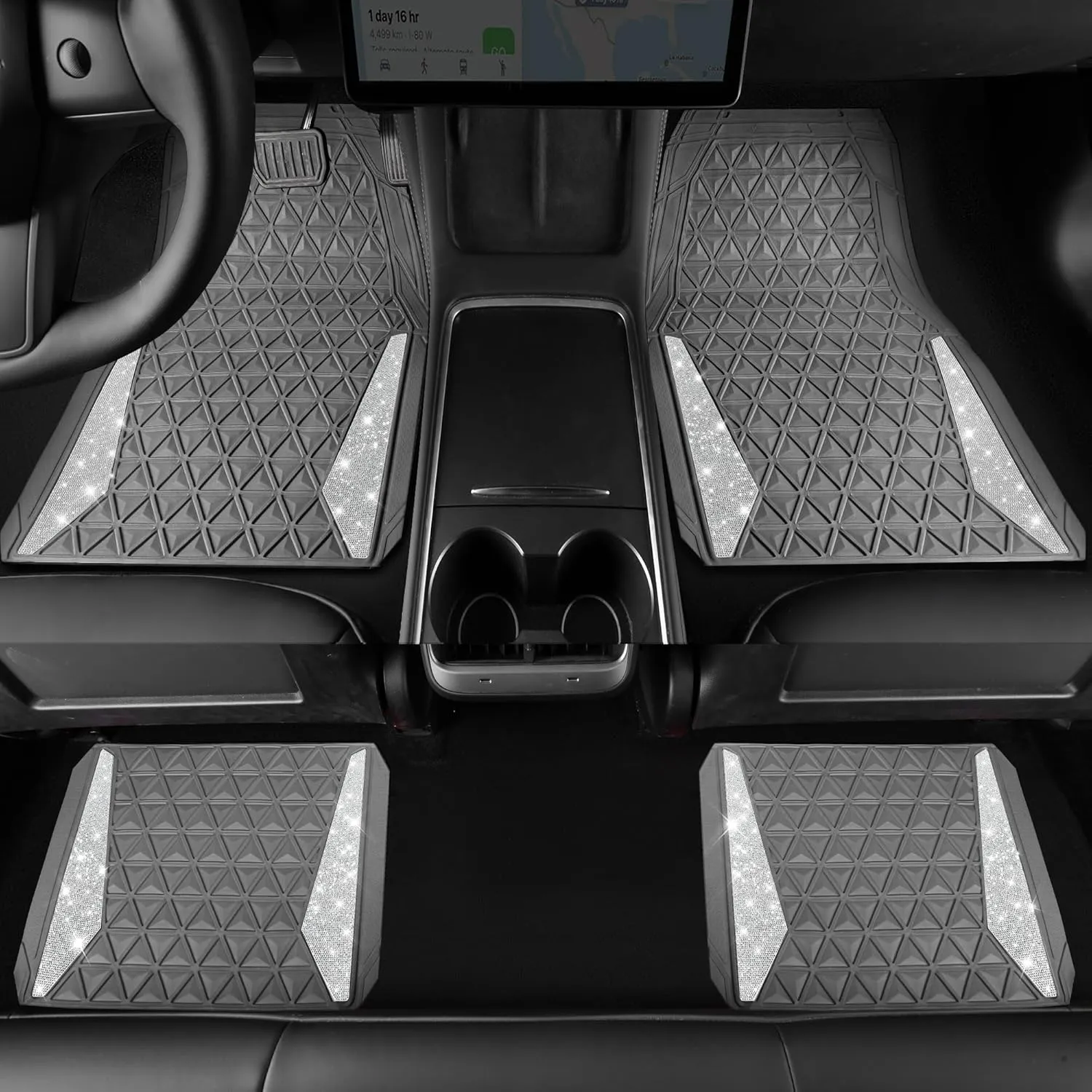 CAR PASS Bling Diamond Car Mats Gray Rubber Floor Mats Full Set Anti-Slip 3D Rhombus Waterproof Trim to Fit Liner Universal Glitter Crystal Sparkly Shining Rhinestone Girl Women SUV Sedan Van All Gray