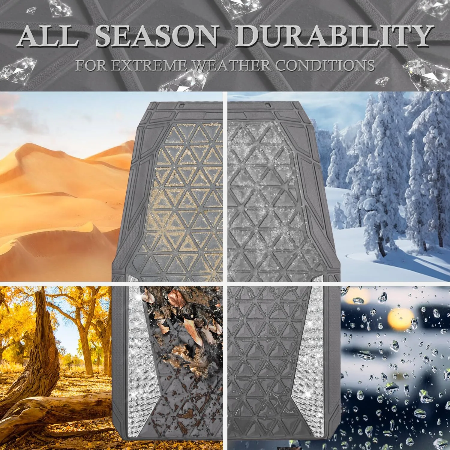 CAR PASS Bling Diamond Car Mats Gray Rubber Floor Mats Full Set Anti-Slip 3D Rhombus Waterproof Trim to Fit Liner Universal Glitter Crystal Sparkly Shining Rhinestone Girl Women SUV Sedan Van All Gray