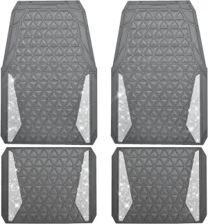 CAR PASS Bling Diamond Car Mats Gray Rubber Floor Mats Full Set Anti-Slip 3D Rhombus Waterproof Trim to Fit Liner Universal Glitter Crystal Sparkly Shining Rhinestone Girl Women SUV Sedan Van All Gray