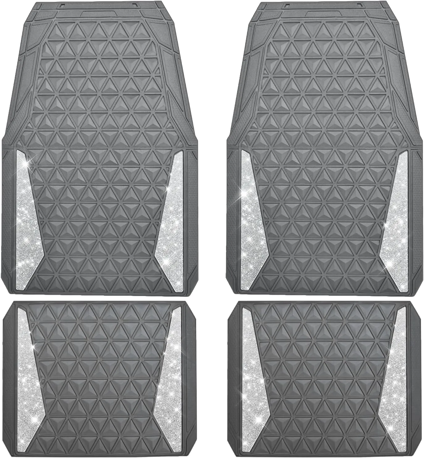 CAR PASS Bling Diamond Car Mats Gray Rubber Floor Mats Full Set Anti-Slip 3D Rhombus Waterproof Trim to Fit Liner Universal Glitter Crystal Sparkly Shining Rhinestone Girl Women SUV Sedan Van All Gray