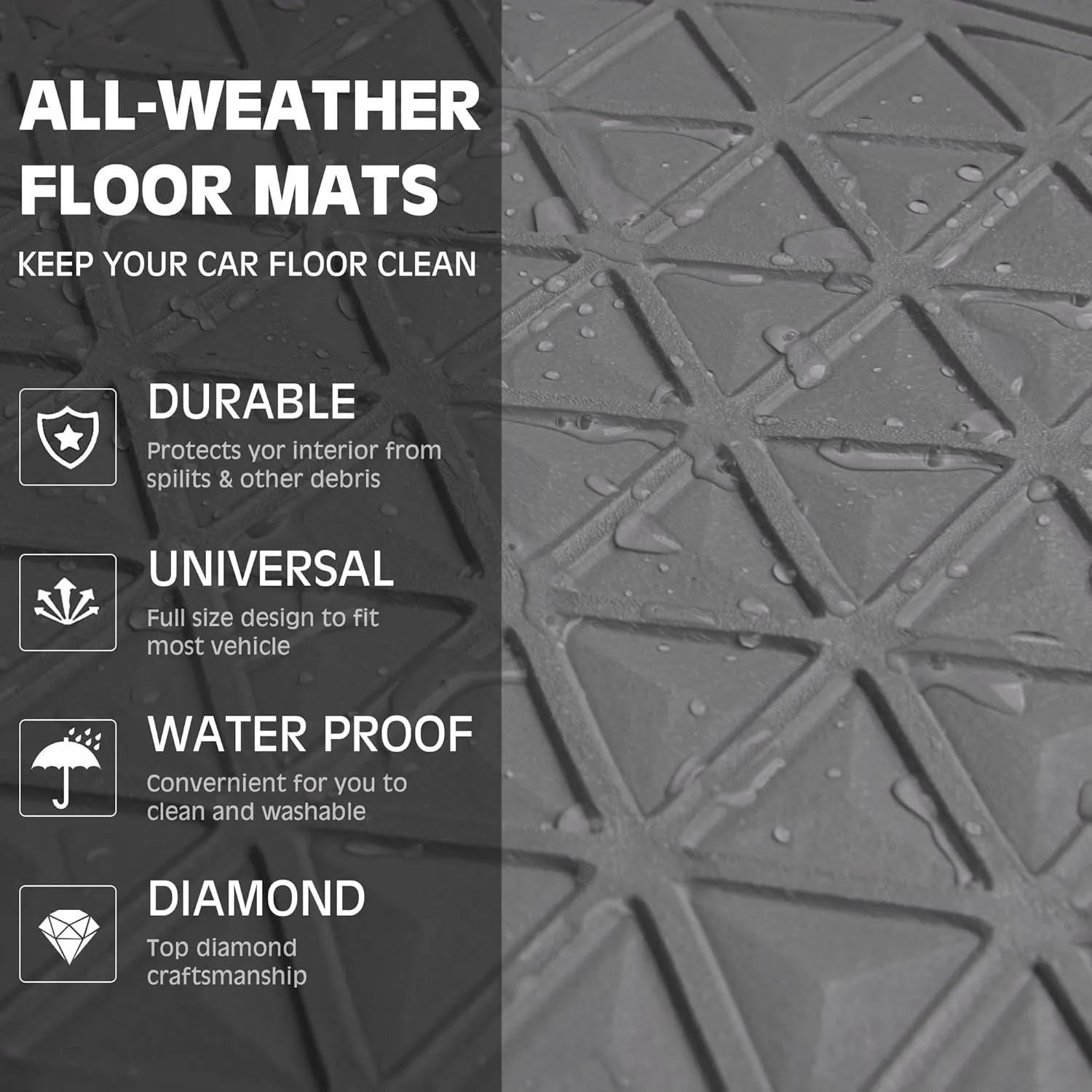 CAR PASS Bling Diamond Car Mats Gray Rubber Floor Mats Full Set Anti-Slip 3D Rhombus Waterproof Trim to Fit Liner Universal Glitter Crystal Sparkly Shining Rhinestone Girl Women SUV Sedan Van All Gray