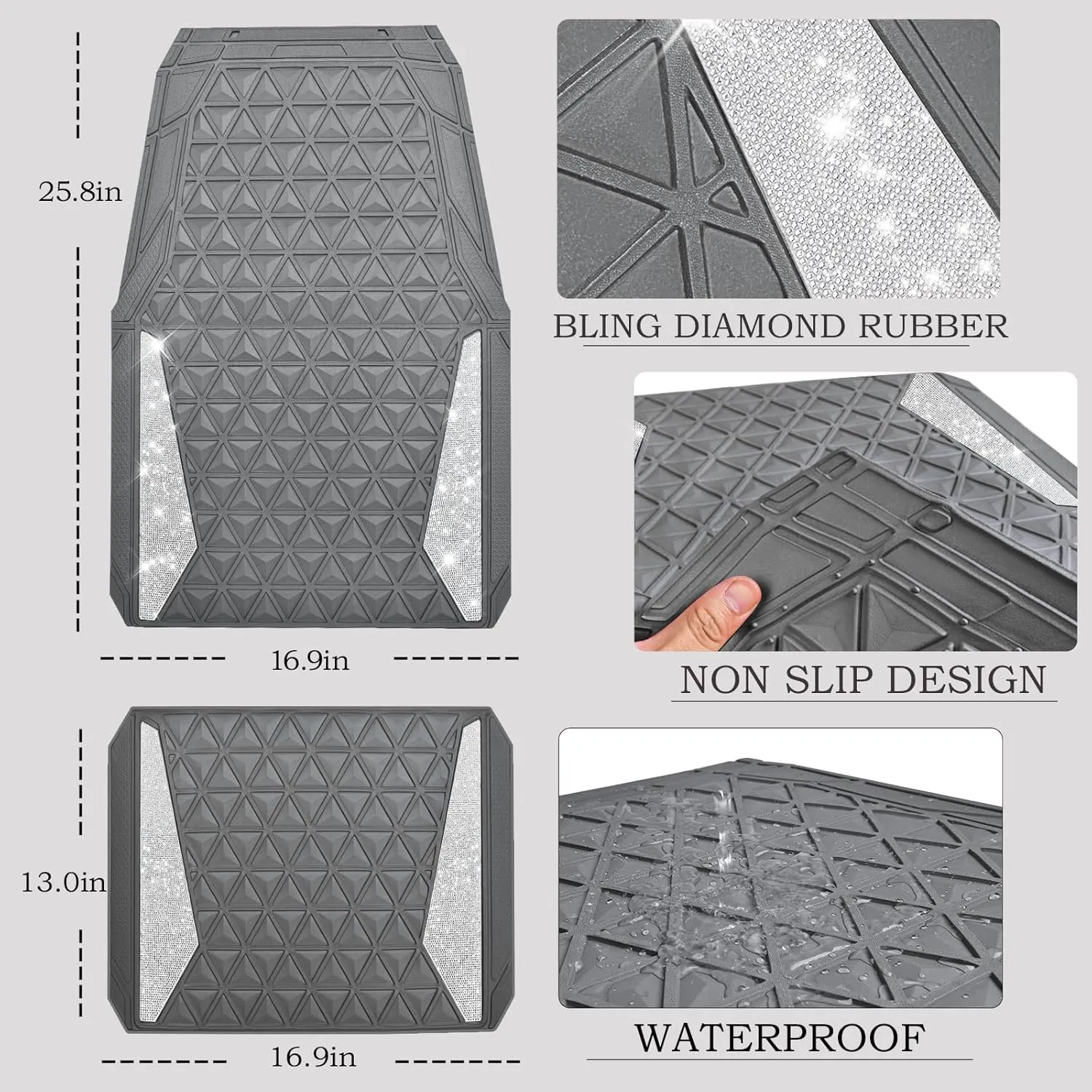 CAR PASS Bling Diamond Car Mats Gray Rubber Floor Mats Full Set Anti-Slip 3D Rhombus Waterproof Trim to Fit Liner Universal Glitter Crystal Sparkly Shining Rhinestone Girl Women SUV Sedan Van All Gray