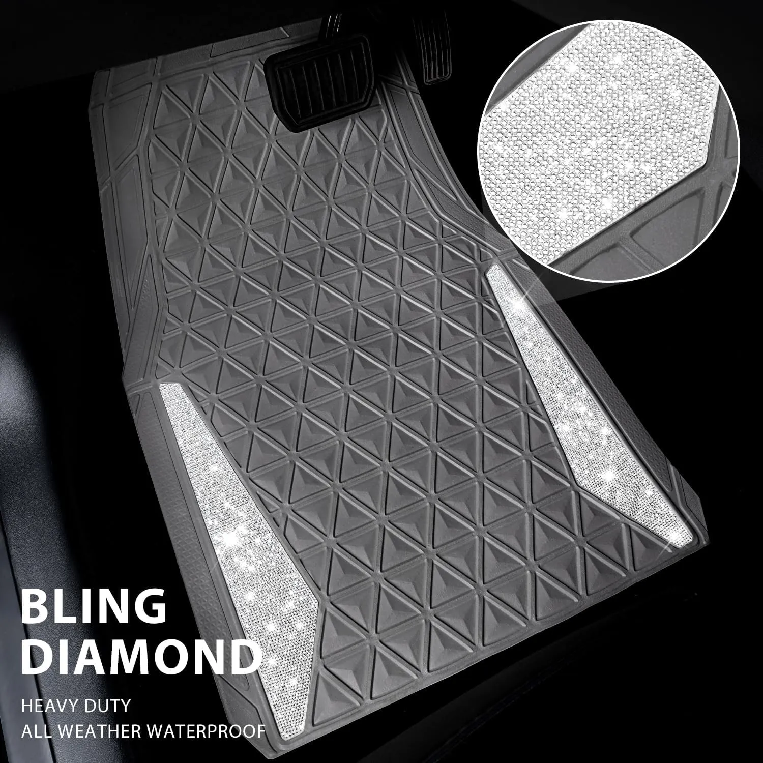 CAR PASS Bling Diamond Car Mats Gray Rubber Floor Mats Full Set Anti-Slip 3D Rhombus Waterproof Trim to Fit Liner Universal Glitter Crystal Sparkly Shining Rhinestone Girl Women SUV Sedan Van All Gray