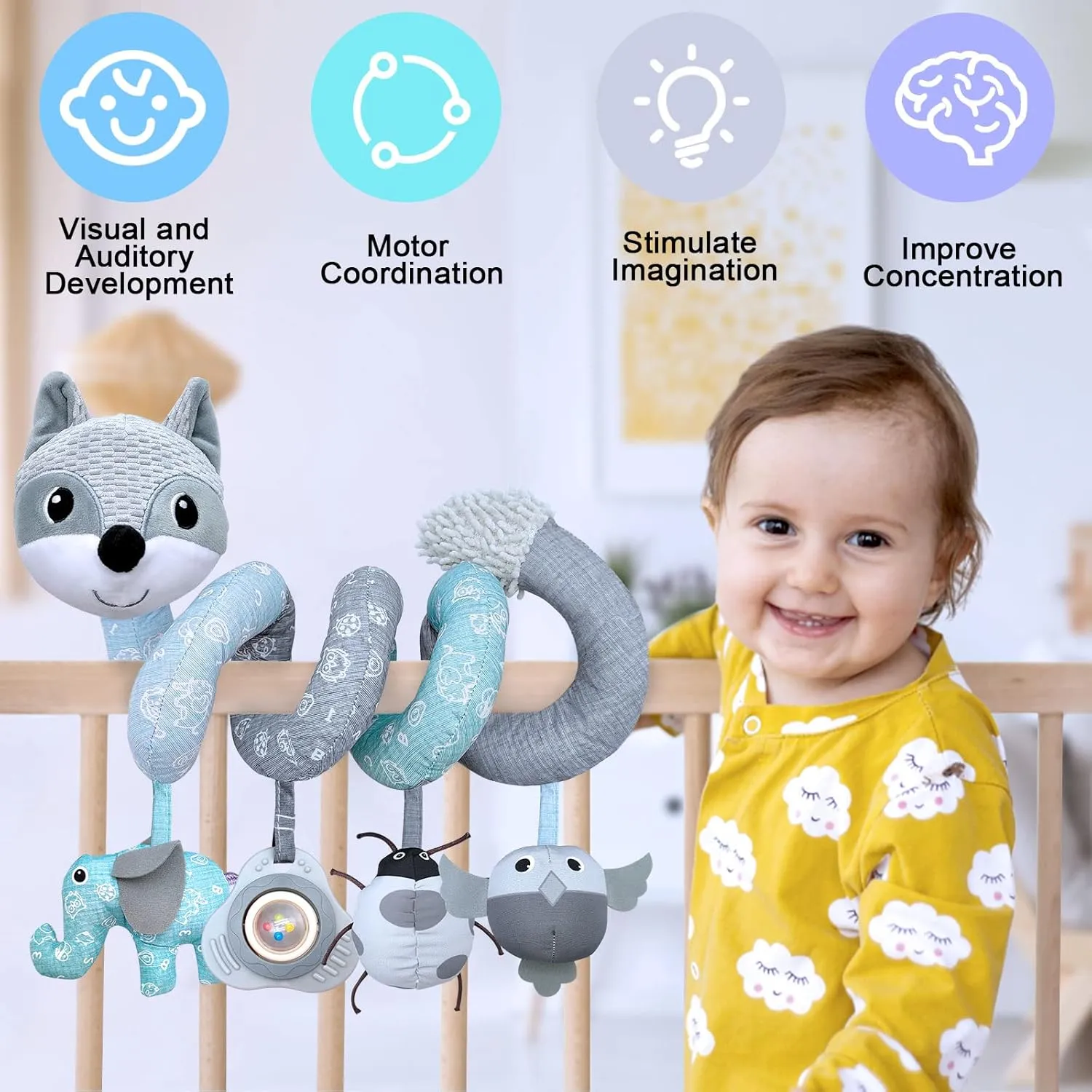 Car Seat Toys Newborn Toys, Stroller Toys Baby Toys 0-3 Months Infant Toys, Baby Toys for Carseat Stroller Crib with Music Rattle, Baby Toys for 0 3 6 9 12 Babies Boys Girls Enfants (Gray)