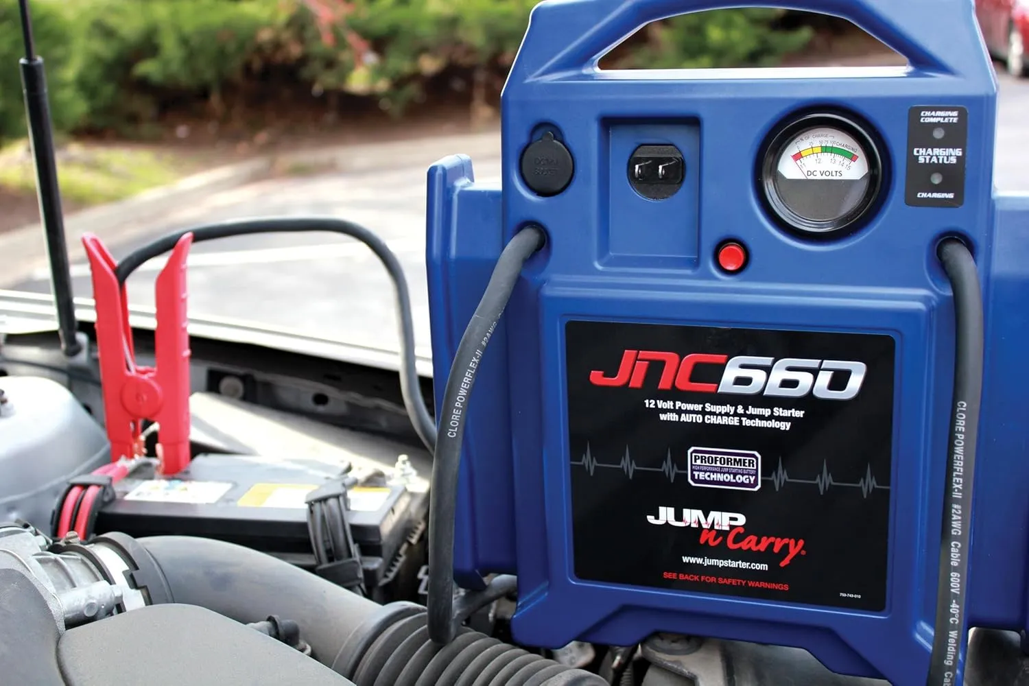 Clore Automotive Jump-N-Carry JNC770R 1700 Peak Amp Premium 12 Volt Jump Starter Bundle - Red