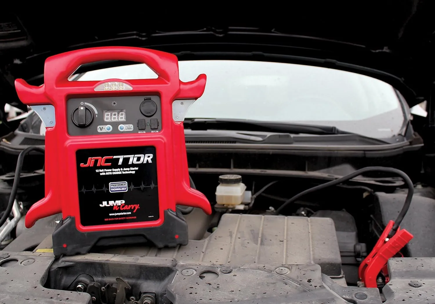 Clore Automotive Jump-N-Carry JNC770R 1700 Peak Amp Premium 12 Volt Jump Starter Bundle - Red