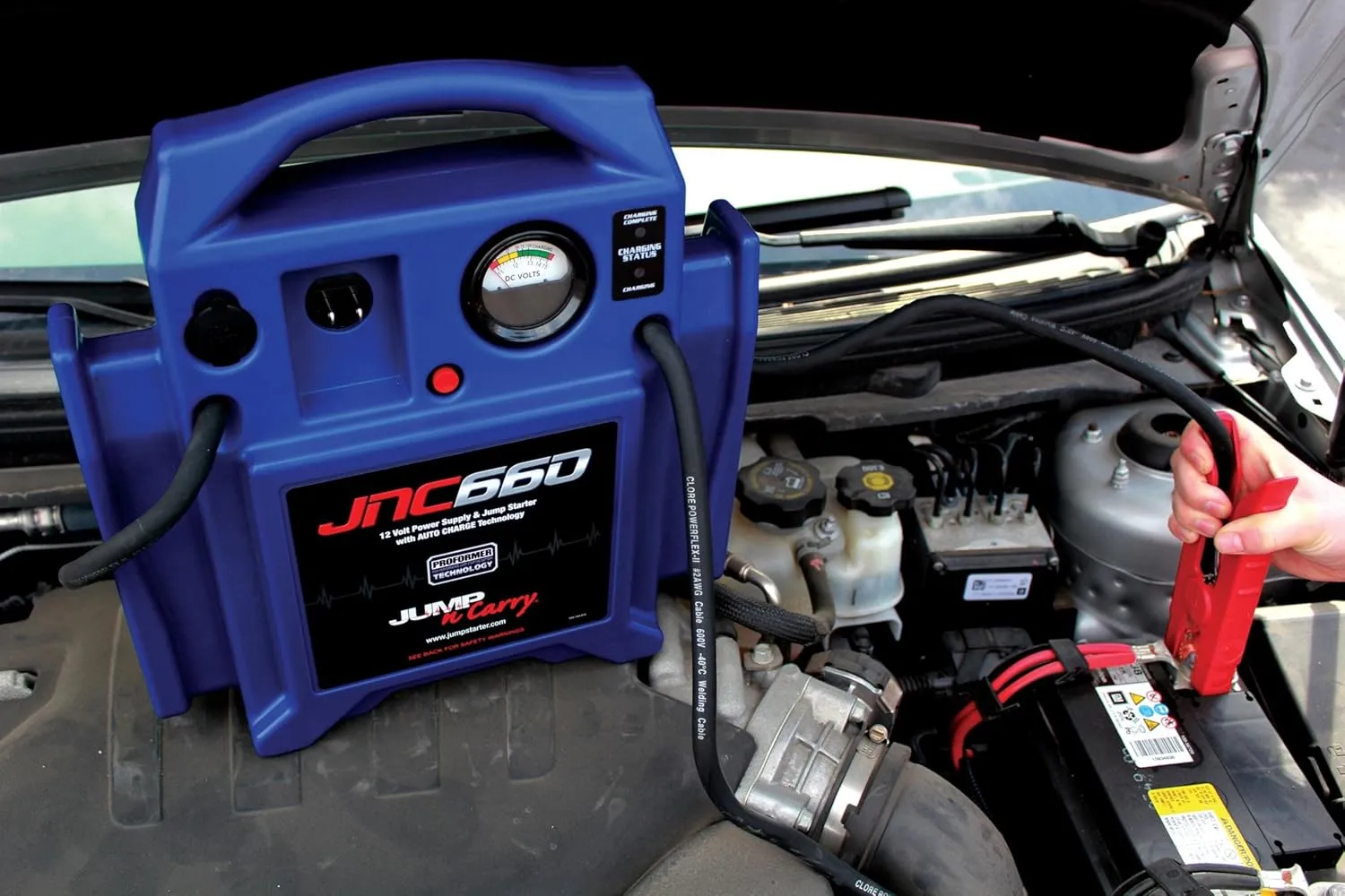 Clore Automotive Jump-N-Carry JNC770R 1700 Peak Amp Premium 12 Volt Jump Starter Bundle - Red