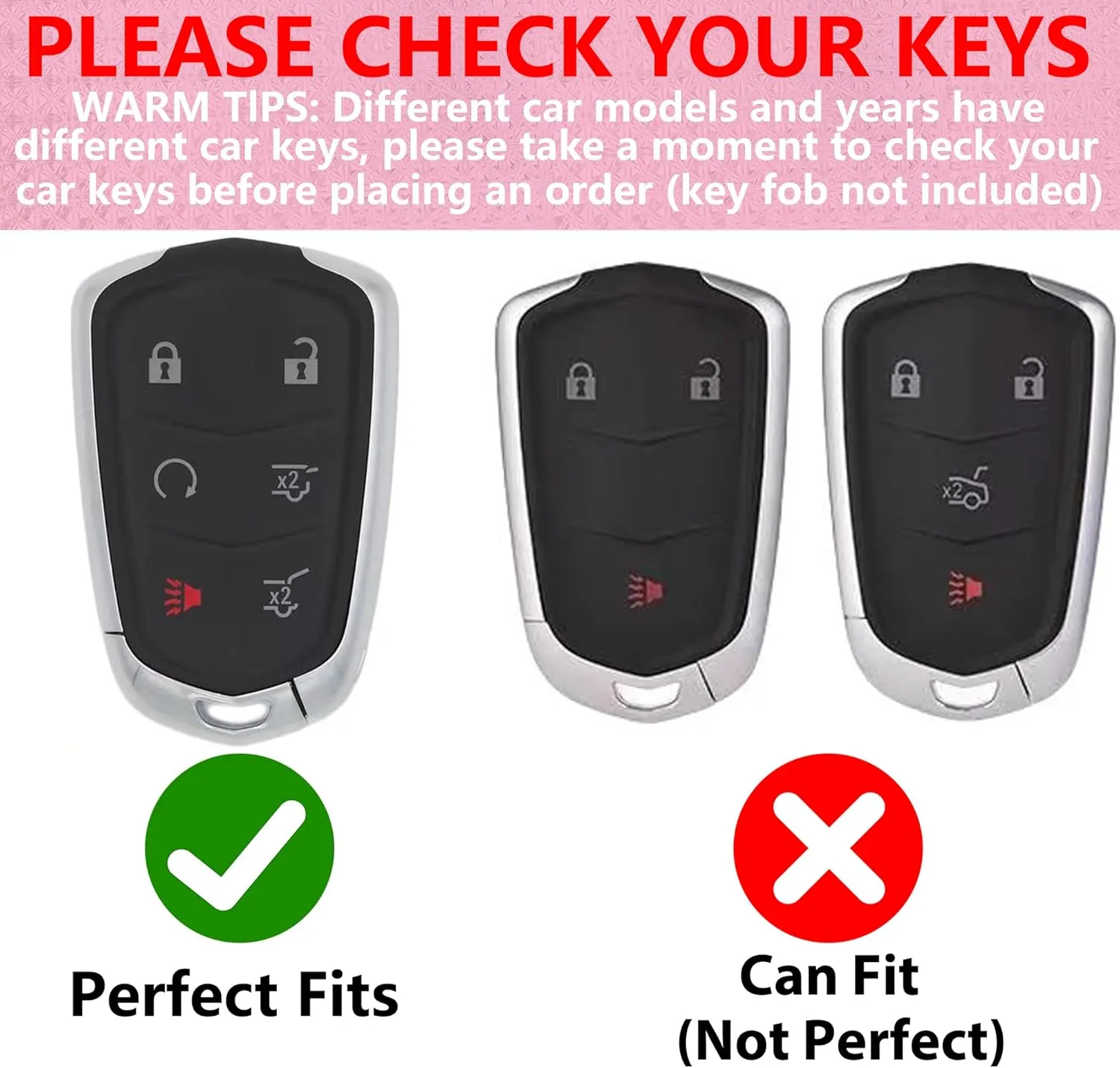 Compatible with Cadillac Key Fob Cover with Heart Keychain for Women, Compatible with 2015-2020 Cadillac Escalade ESV ATS CTS STS SRX XT5 CT6 Smart Remote Key Protector (6 Buttons-Silver)