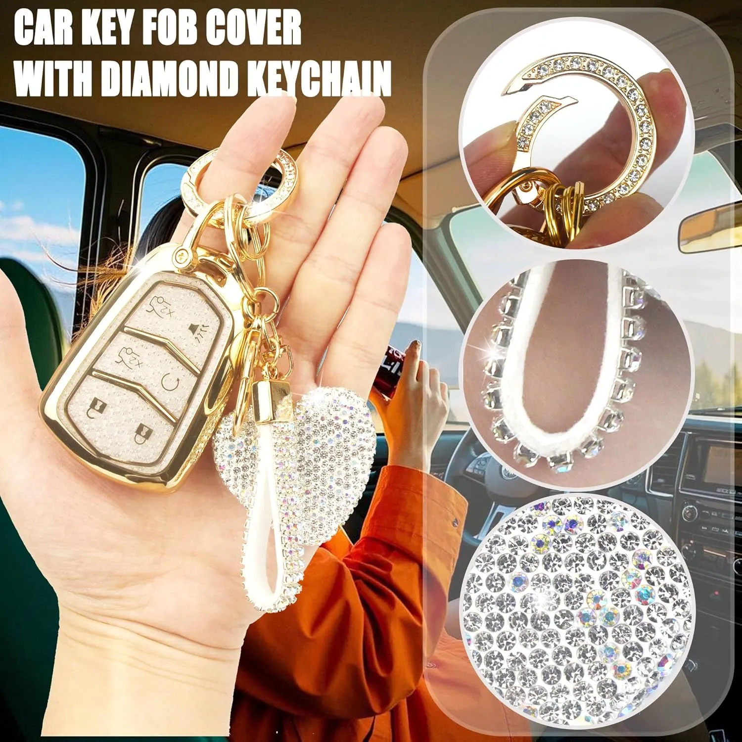 Compatible with Cadillac Key Fob Cover with Heart Keychain for Women, Compatible with 2015-2020 Cadillac Escalade ESV ATS CTS STS SRX XT5 CT6 Smart Remote Key Protector (6 Buttons-Silver)