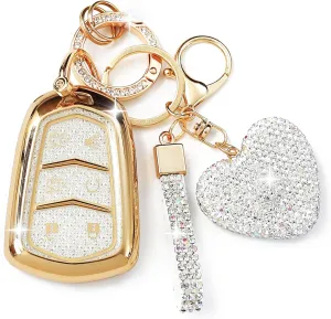 Compatible with Cadillac Key Fob Cover with Heart Keychain for Women, Compatible with 2015-2020 Cadillac Escalade ESV ATS CTS STS SRX XT5 CT6 Smart Remote Key Protector (6 Buttons-Silver)