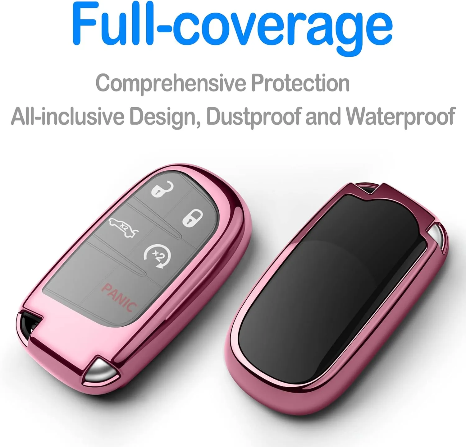 Compatible with Jeep Key Fob Cover with Leather Keychain Soft TPU Protection Key Case for Grand Cherokee Renegade Chrysler 200 300 Dodge RAM Durango Challenger Journey Dart Fiat Smart Key Pink