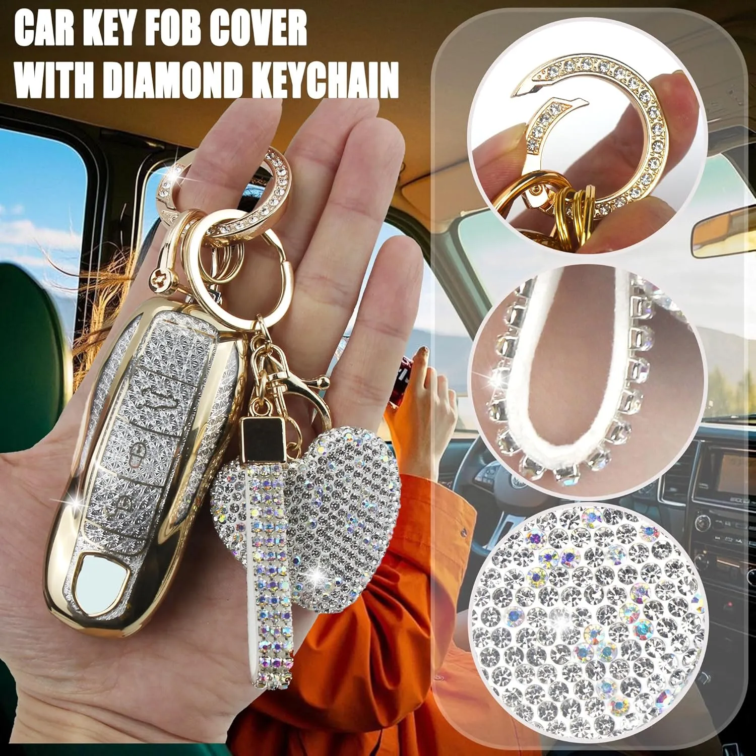 Compatible with Porsche Key Fob Cover with Heart Keychain, Car Key Shell for Women, Compatible with Porsche Cayenne Panamera 911 718 Macan Boxster Cayman Key Protector (3 Buttons-Gold)