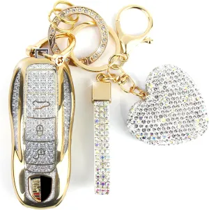Compatible with Porsche Key Fob Cover with Heart Keychain, Car Key Shell for Women, Compatible with Porsche Cayenne Panamera 911 718 Macan Boxster Cayman Key Protector (3 Buttons-Gold)