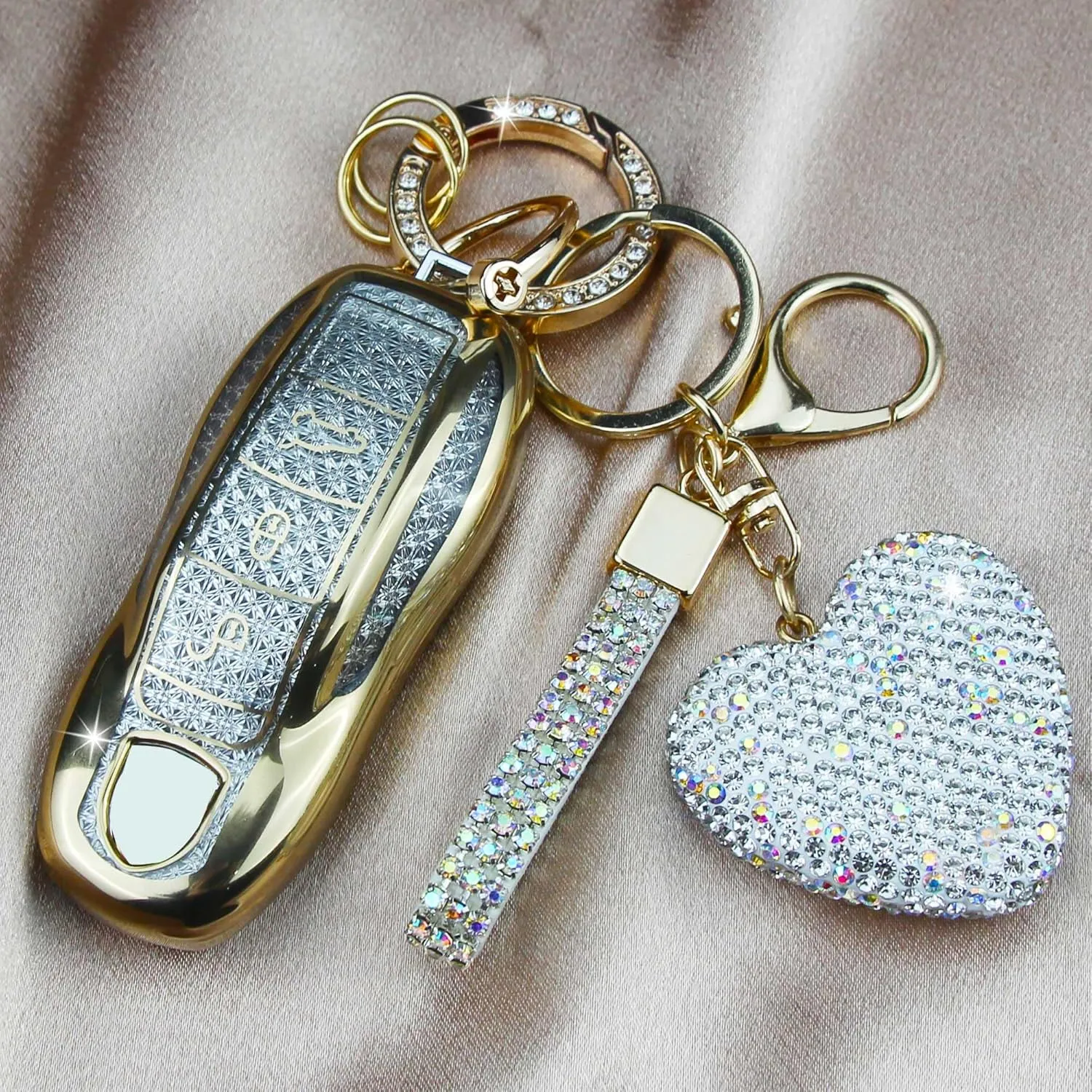 Compatible with Porsche Key Fob Cover with Heart Keychain, Car Key Shell for Women, Compatible with Porsche Cayenne Panamera 911 718 Macan Boxster Cayman Key Protector (3 Buttons-Gold)