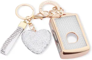 Compatible with Volvo Key fob Cover with Diamond Bling Keychain, Car Accessories Key Holder Shell for XC40 XC60 XC90 S90 V90 2021 2022 Smart Key, Gold Clear