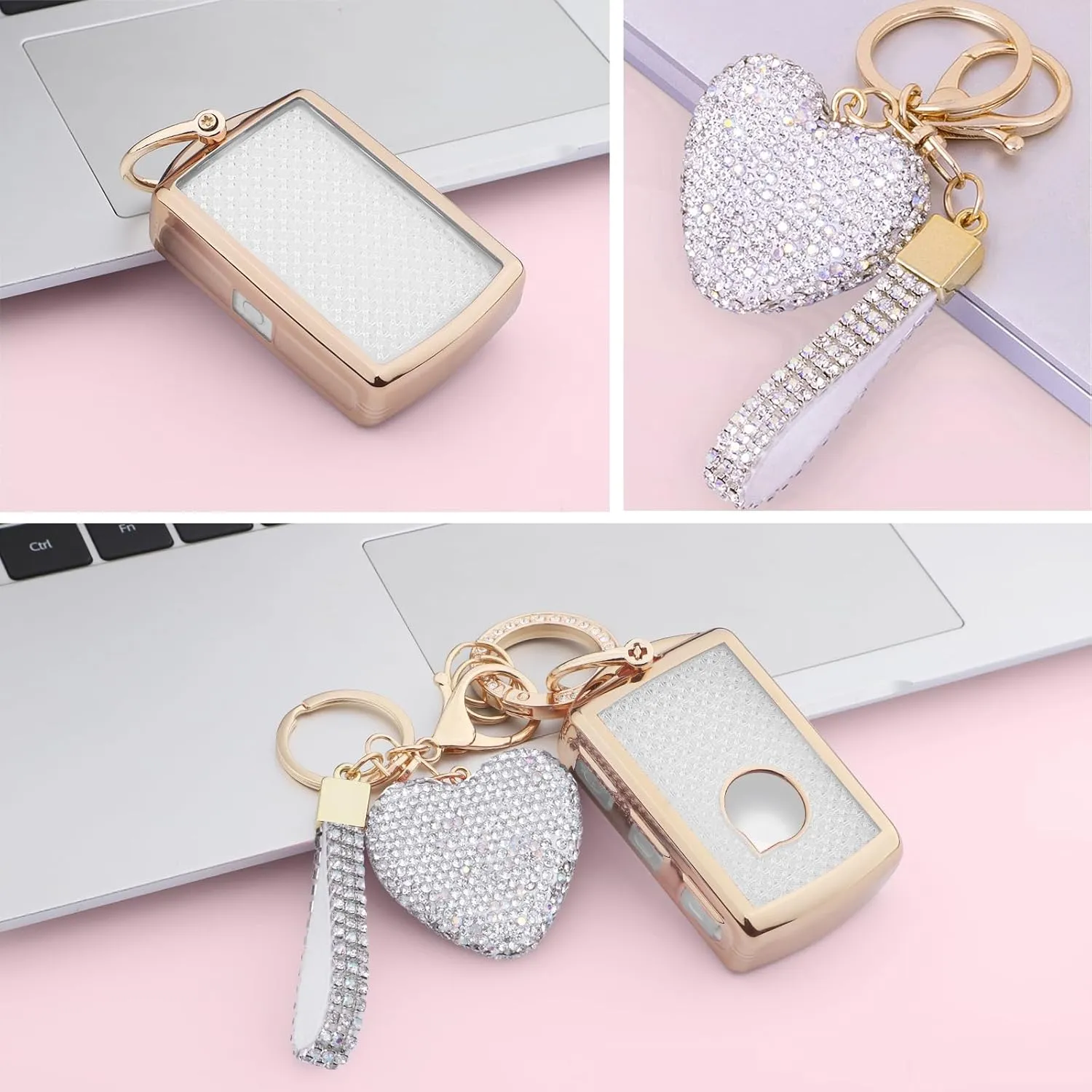 Compatible with Volvo Key fob Cover with Diamond Bling Keychain, Car Accessories Key Holder Shell for XC40 XC60 XC90 S90 V90 2021 2022 Smart Key, Gold Clear