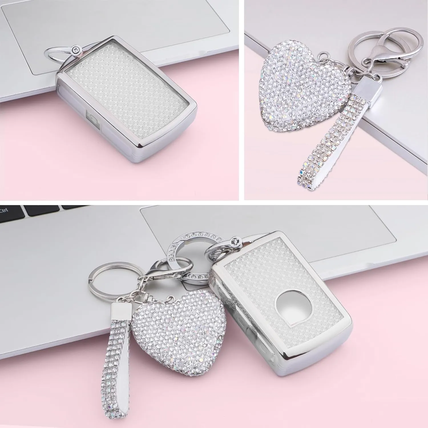 Compatible with Volvo Key fob Cover with Diamond Bling Keychain, Car Accessories Key Holder Shell for XC40 XC60 XC90 S90 V90 2021 2022 Smart Key, Silver Clear
