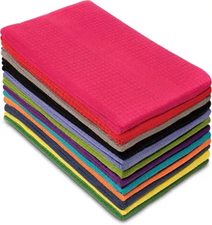 Cotton Craft 12 Pack Multicolor Kitchen Towels 16x28 Inches- Pure Cotton, Absorbent Waffle Weave