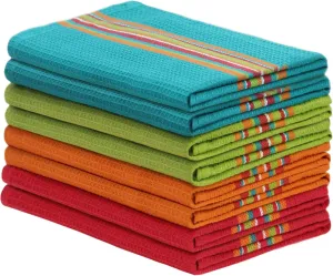COTTON CRAFT Salsa Stripe Kitchen Towel - Set of 8 Pure Cotton Absorbent Waffle Weave Dish Towel Dish Cloth - Low Lint Reusable Drying Towels - Restaurant Bar Cleaning Kitchen Hand Towel -16x28 Multi