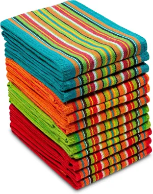 COTTON CRAFT Salsa Stripe Kitchen Towels - 12 Pack 100% Cotton Tea Dish Towels - Absorbent Reusable Low Lint Quick Dry - Multi Purpose Cooking Drying Restaurant Bar Cleaning Cloth Napkin - 16x28 Multi