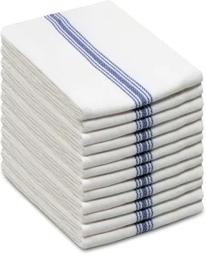 COTTON CRAFT Ultimate Kitchen Towel -12 Pack Scandia Stripe Dish Cloth - 100% Cotton Tea Towel - Absorbent Washable Reusable Low Lint Restaurant Bar Cleaning Cloth Napkins - Oversized 16x28 inch- Blue