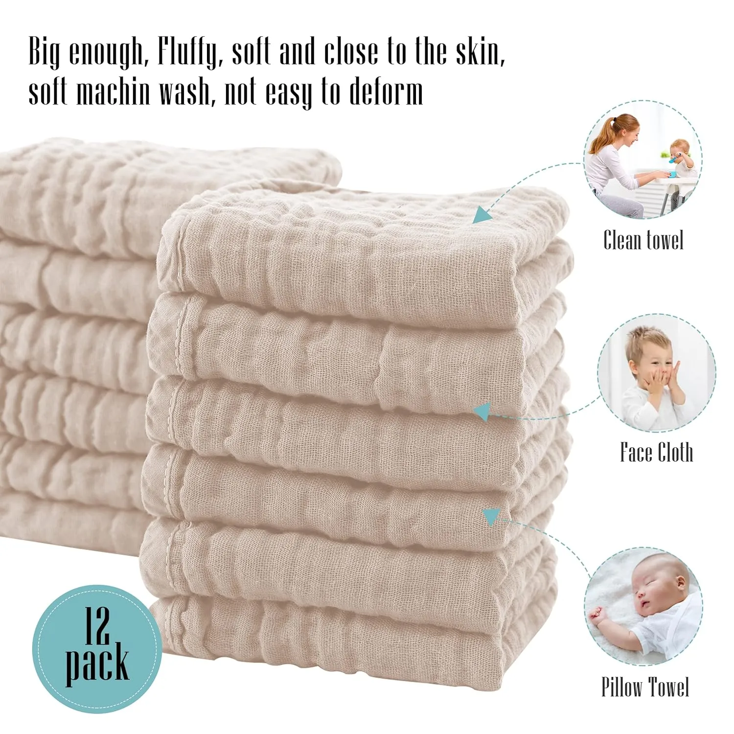 Cute Castle 12 Pack Muslin Burp Cloths for Baby - Ultra-Soft 100% Cotton Baby Washcloths - Large 20'' by 10'' Super Absorbent Milk Spit Up Rags - Burpy Cloths for Unisex, Boy, Girl - Brown