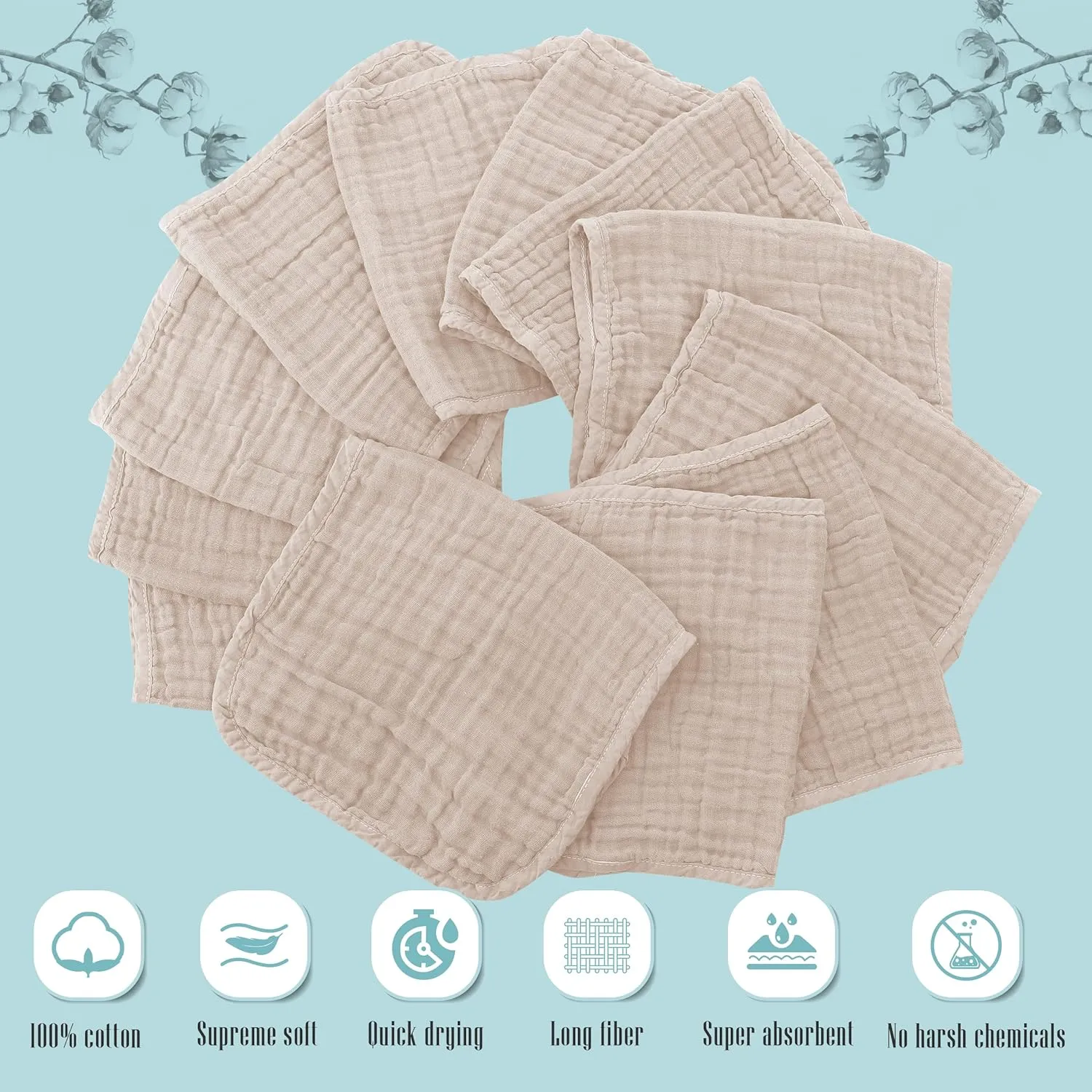 Cute Castle 12 Pack Muslin Burp Cloths for Baby - Ultra-Soft 100% Cotton Baby Washcloths - Large 20'' by 10'' Super Absorbent Milk Spit Up Rags - Burpy Cloths for Unisex, Boy, Girl - Brown