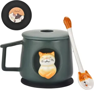Cute Cat 3D Animal Hand Painted Tea Coffee Milk Ceramic Cup 14 oz,Handmade Figurine Mugs,Ideal Cat Lover Gifts Birthday Gifts for Women (Dark Green)