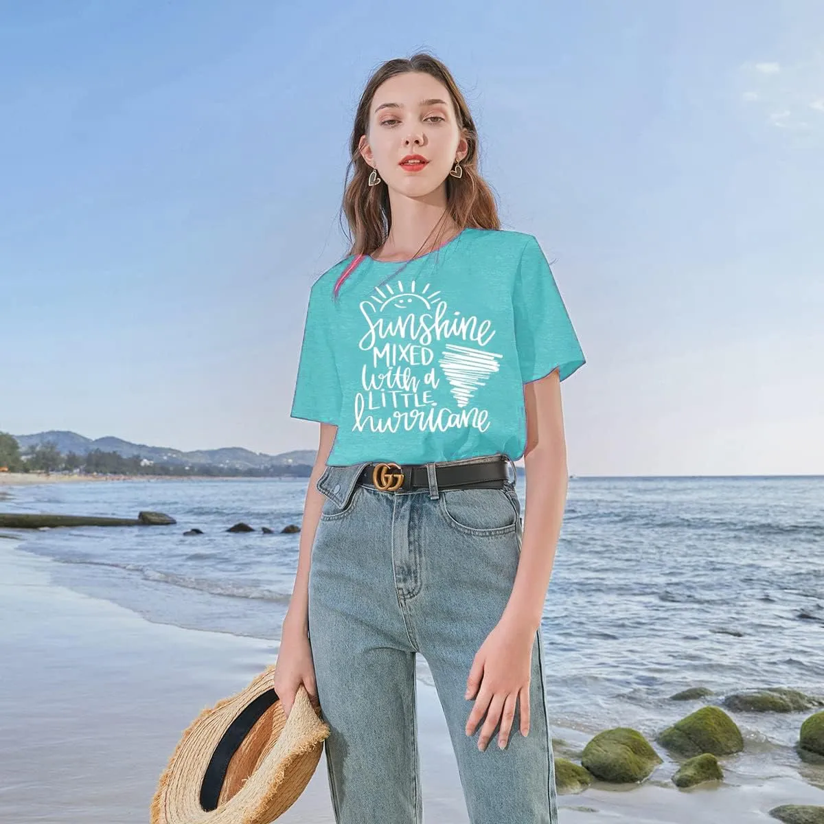 Cute Graphic Tees for Women Sunshine Mixed with A Little Hurricane Funny Saying Letter Print T Shirt