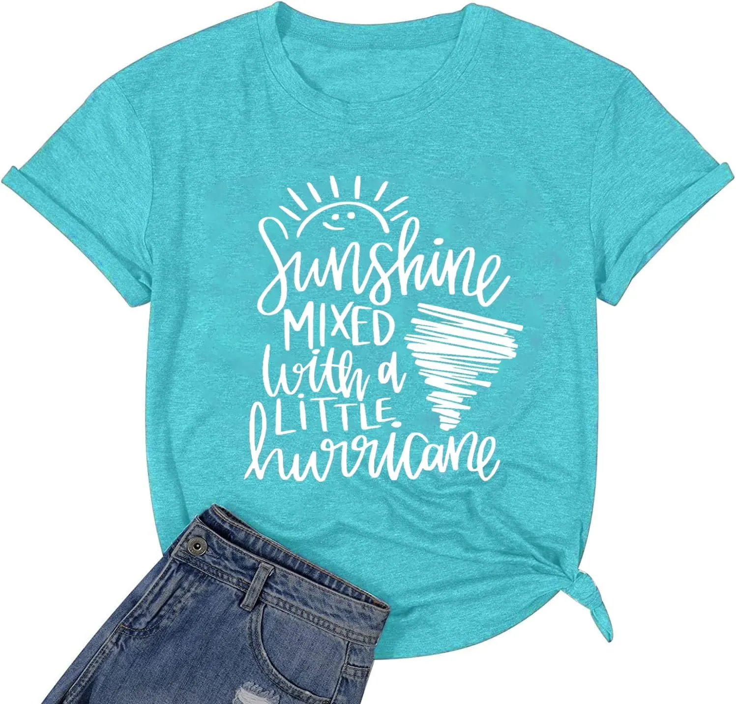 Cute Graphic Tees for Women Sunshine Mixed with A Little Hurricane Funny Saying Letter Print T Shirt