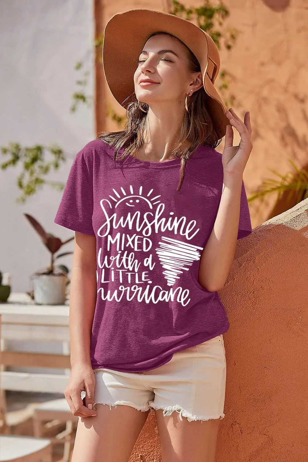 Cute Graphic Tees for Women Sunshine Mixed with A Little Hurricane Funny Saying Letter Print T Shirt