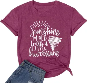 Cute Graphic Tees for Women Sunshine Mixed with A Little Hurricane Funny Saying Letter Print T Shirt