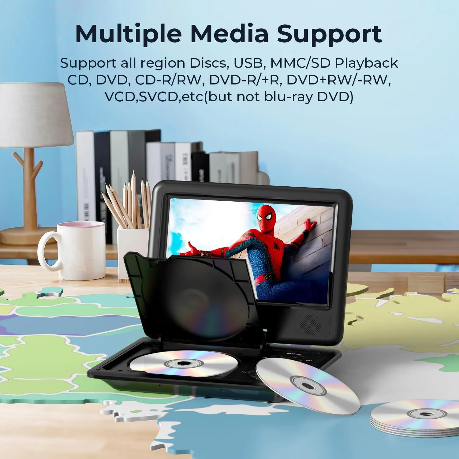 DBPOWER 11.5" Portable DVD Player, 5-Hour Built-in Rechargeable Battery, 9" Swivel Screen, Support CD/DVD/SD Card/USB, Remote Control, 1.8 Meter Car Charger, Power Adaptor and Car Headrest (Black)