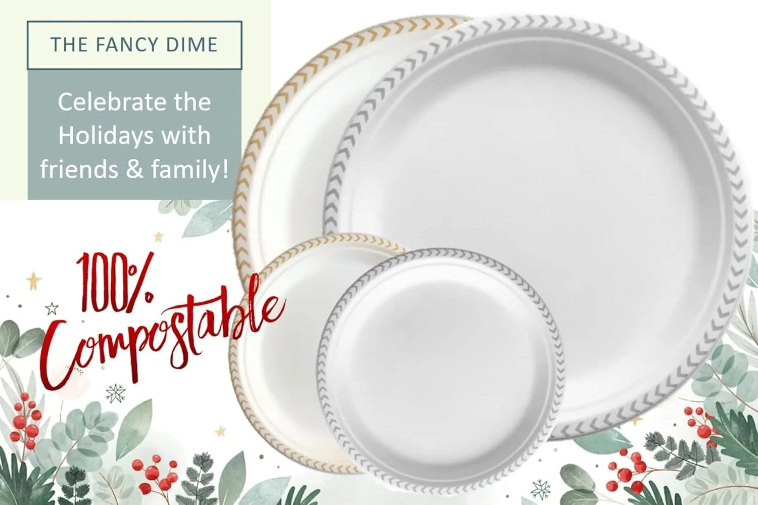 Disposable Paper Plate: Heavy Duty Elegant Eco-Friendly Compostable Paper Plates (50 Count), Tree Free Sugarcane Bagasse Plate with Color Party Plate (Silver Chevron, 10 inch)