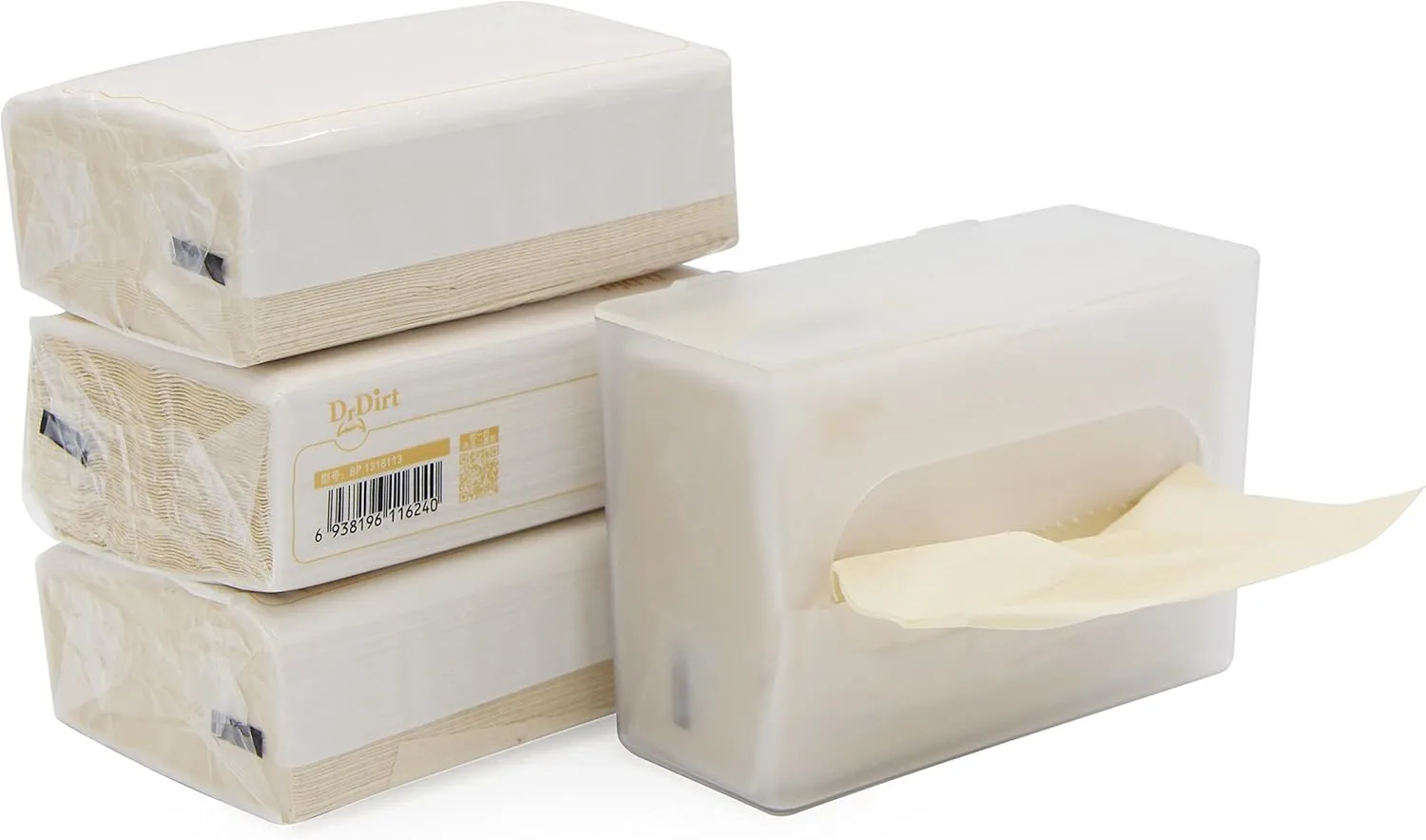 DrDirt Bamboo Tissues 3-Ply - 110 Count, Bamboo Facial Tissue Cube Bag 4 Pack with Wall-Mounted Dispenser - Eco-Friendly, Perfect for Bathroom & Kitchen